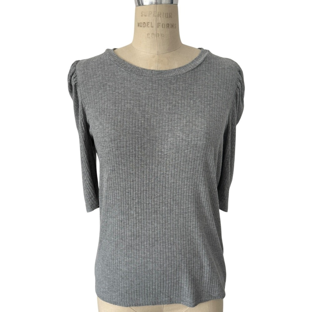 Veronica Beard Puff Sleeve Top Grey Ribbed Knit Crew Neck Size L Modal Spandex